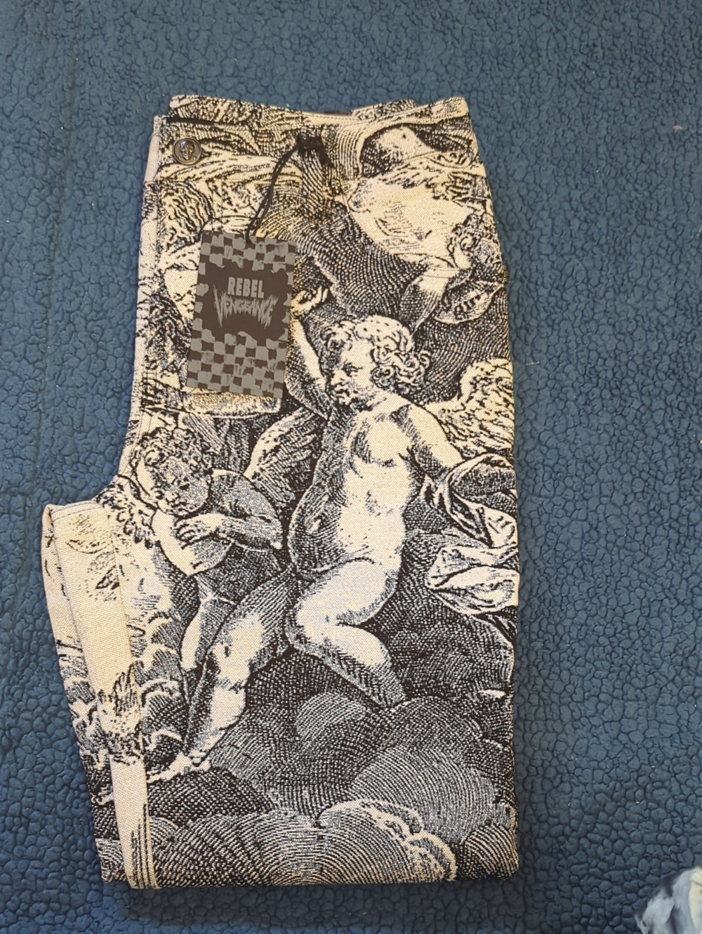 Rebel Vengeance Cherub Print Jeans - Black & White